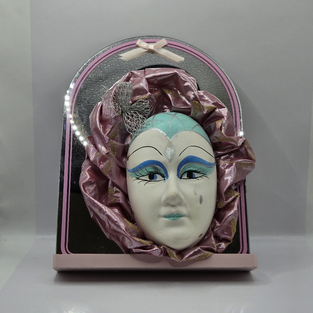Rare VTG Albert E.Price Ceramic Venetian Mask On Pink Mirror Stand Creco Walnut
